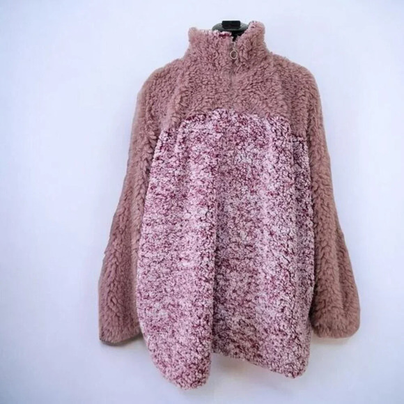 Suzanne Betro Weekend Pink Blush Sherpa Fleece Quarter Zip Pullover Sweater - 1X - Picture 2 of 9